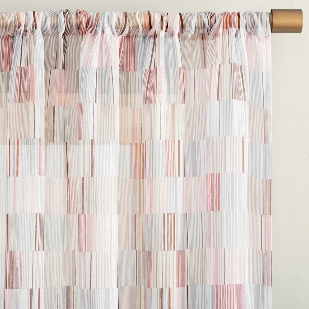 No. 918 Colby Offset Stripes Sheer Rod Pocket Curtain Panel; 2 Single Panels